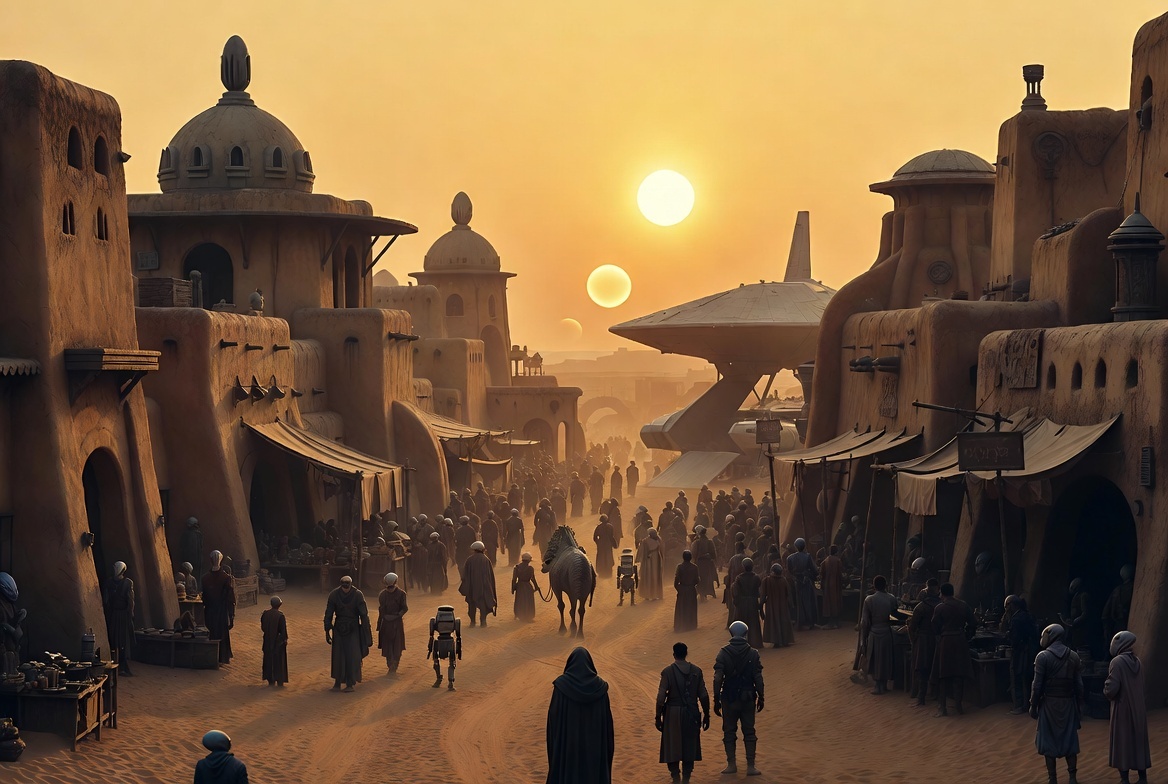 Mos Eisley spaceport at golden hour with twin suns low on the horizon, weathered adobe buildings, merchants, droids, and various alien species trading in the dusty marketplace